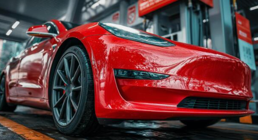 Front view of a Tesla Model 3 at a charging station, representing EV transition services