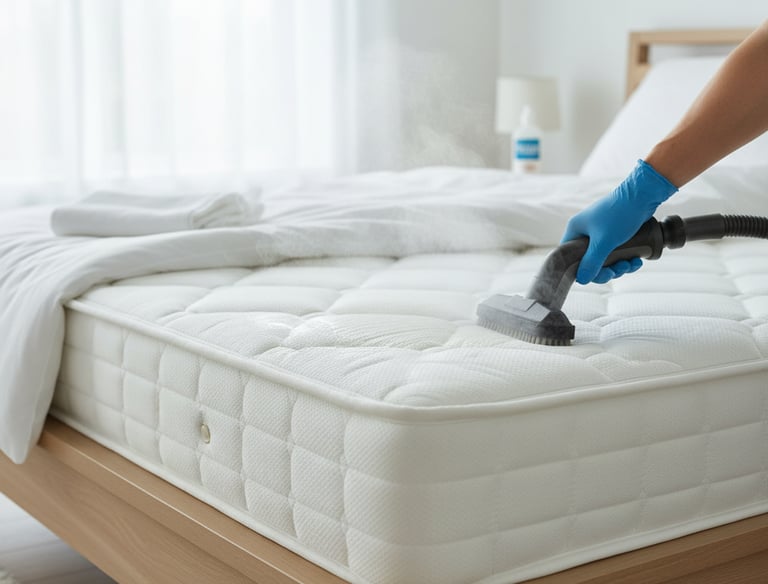 a person cleaning a mattress on a bed