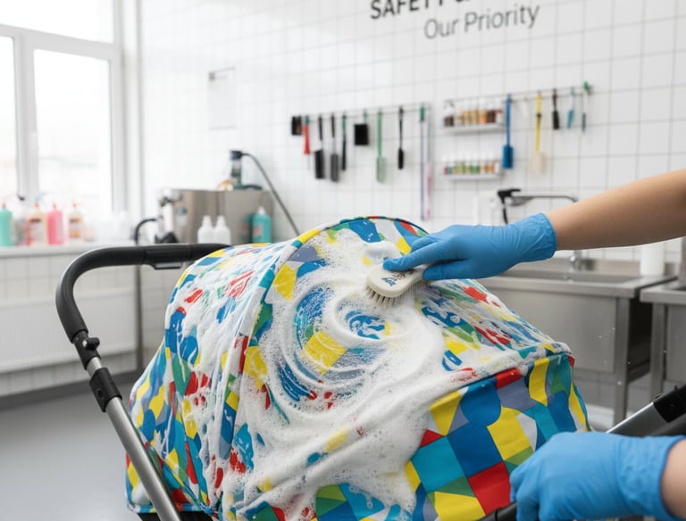 a person in gloves and gloves cleaning a baby carriage