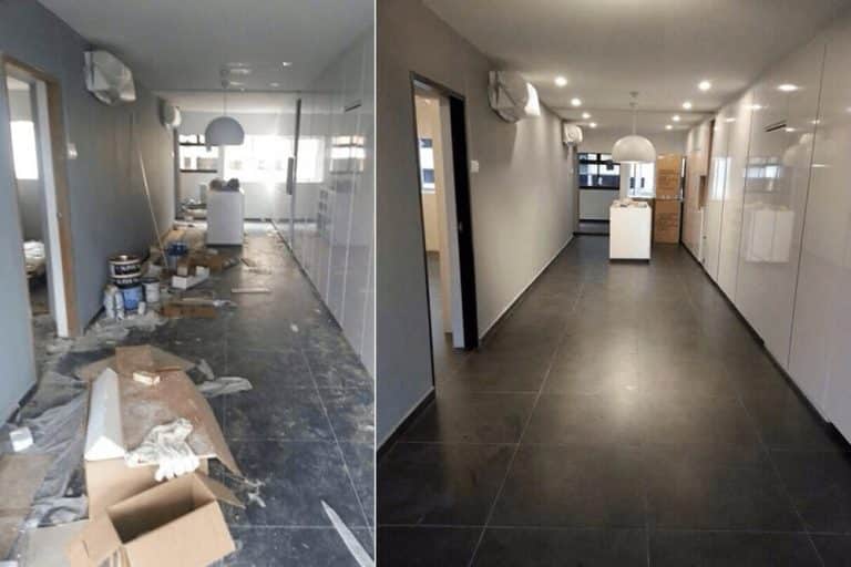 a hallway with a box of boxes and a box of boxes, before and after