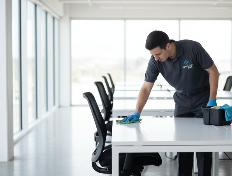 a man cleaning a table with a cleaning cloth