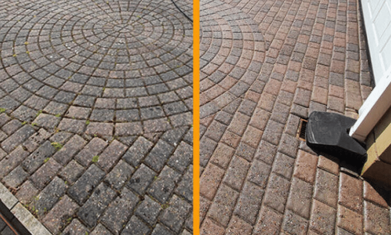 a brick paved driveway with a driveway with a driveway with a driveway with a driveway, before after
