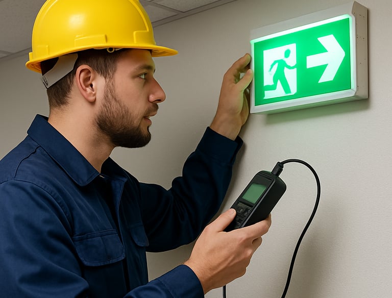 Close-up of emergency lighting fixture being tested with specialized equipment.