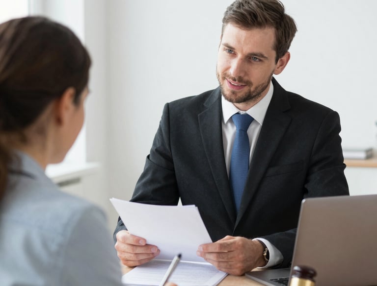 A calm consultation between lawyer and client over coffee in a bright room.