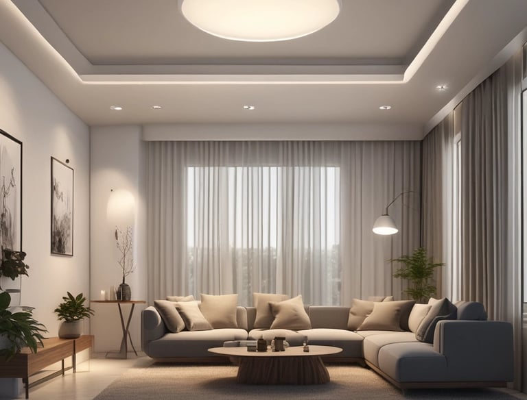 Electrician carefully wiring indoor lighting fixtures in a cozy living room.