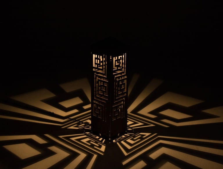 A decorative wooden lantern casting geometric shadow patterns on a surface in a dark room.
