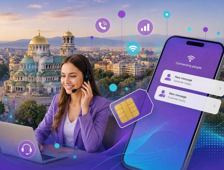 Customer support agent with headset using a laptop near a large smartphone and Bulgarian cathedral.