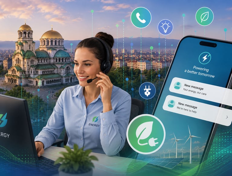 Energy customer support agent with headset helping users with renewable energy app and green power solutions.