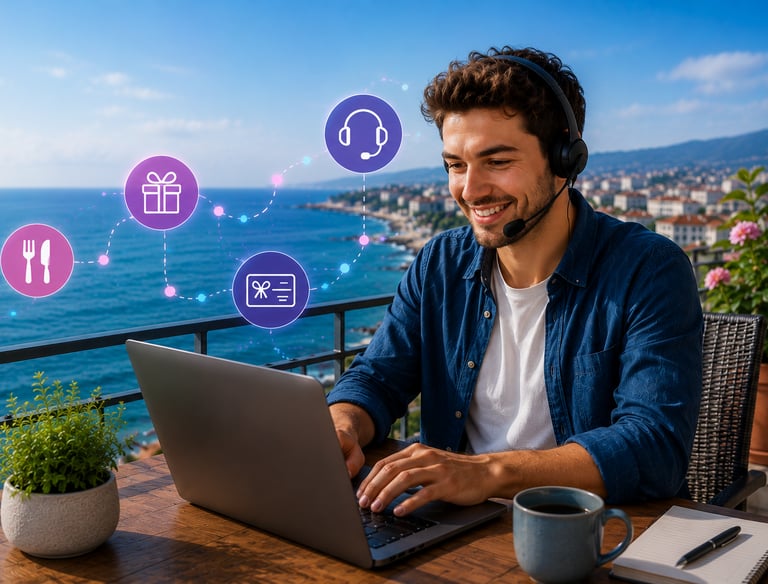 Smiling man working remotely on a laptop at a balcony with ocean views, showing digital service icons.