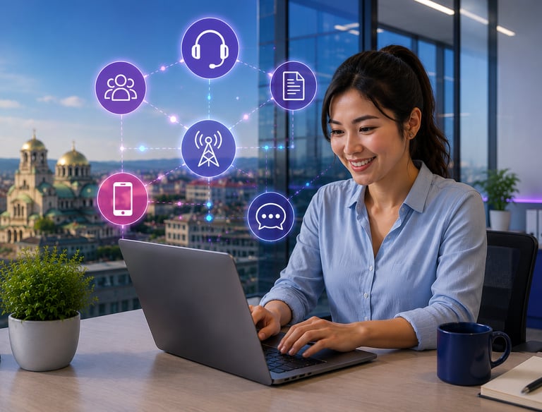A smiling professional woman using a laptop with digital communication icons representing remote work and networking.