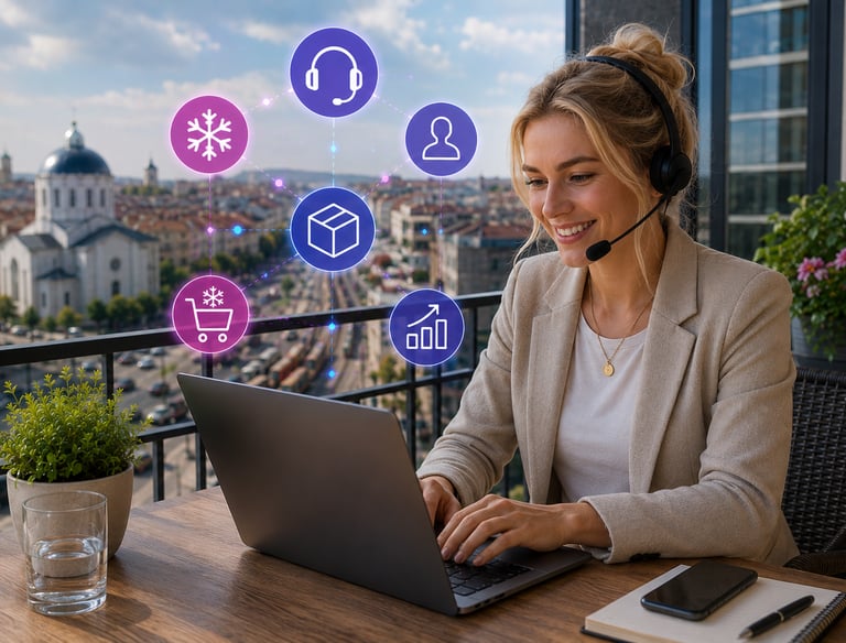 A smiling customer service agent with a headset working on a laptop with e-commerce logistics icons.