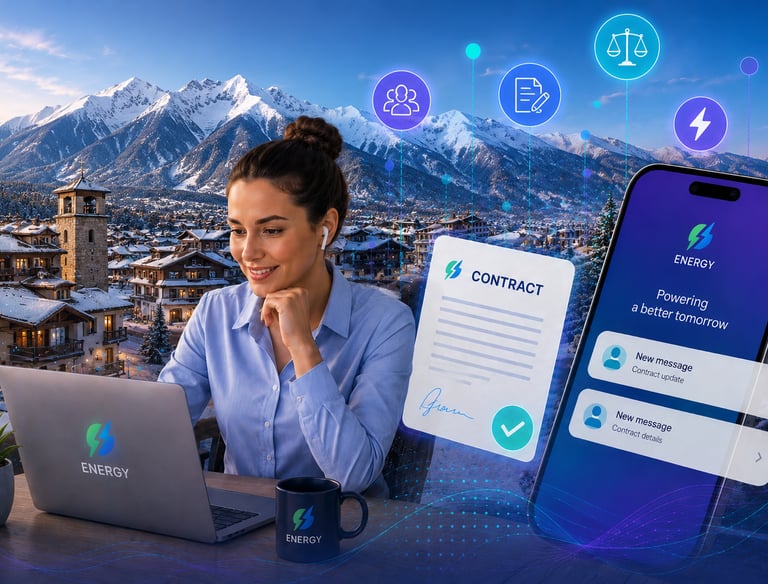 A remote worker managing digital energy contracts on a laptop and smartphone with snowy mountains in the background.