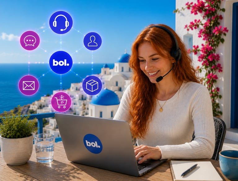 A smiling customer service agent for bol.com working remotely on a laptop in Santorini, Greece.