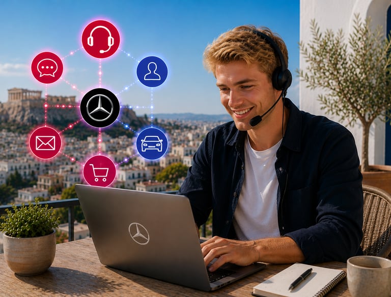 A smiling man using a Mercedes-Benz laptop and headset for remote customer support in Athens.