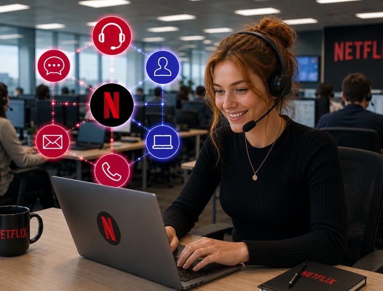 A smiling Netflix customer support representative wearing a headset and working at a laptop in an office.
