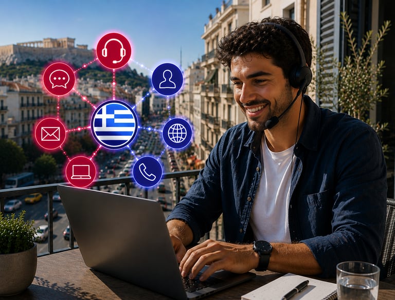 A smiling support agent with a headset working remotely in Greece using a laptop on a sunny balcony.