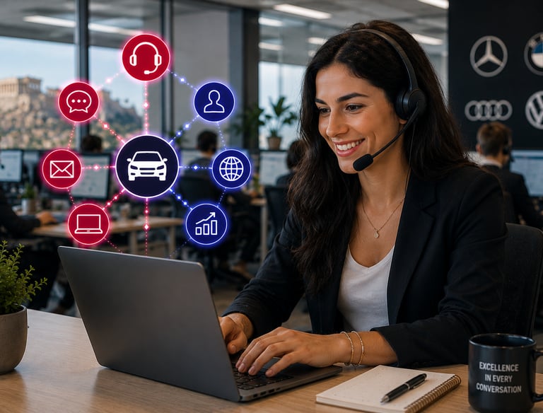 A smiling customer support agent in a call center using a laptop and headset with automotive service icons.
