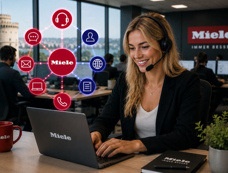 Smiling Miele customer service representative with headset working at a laptop in a modern office.