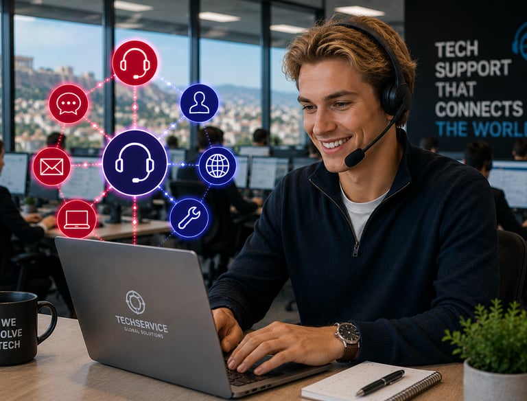 A smiling tech support agent with a headset working on a laptop at a global customer service center.