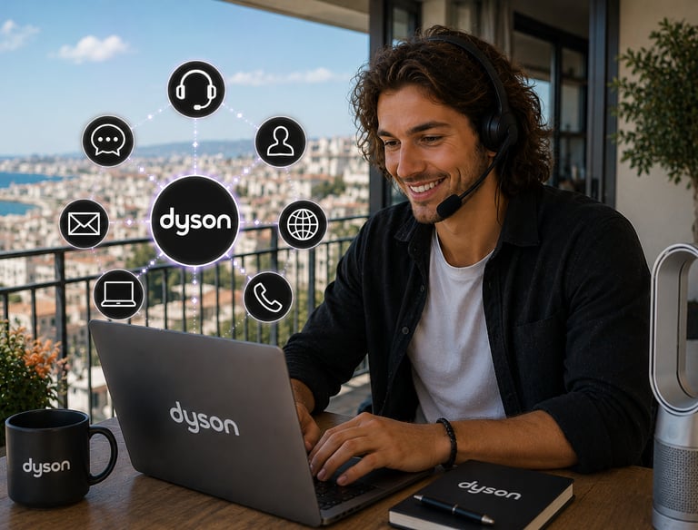 Dyson customer service agent with headset working on a laptop on a balcony with city views.