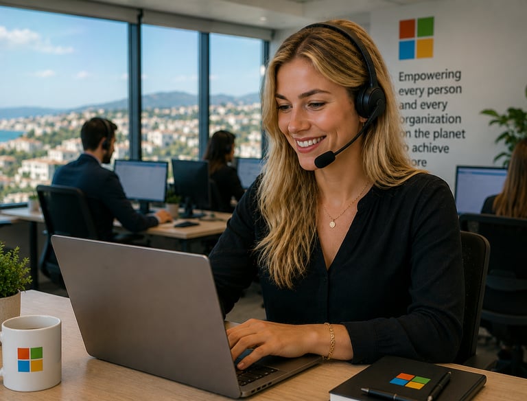 Smiling female customer support agent using a headset and laptop in a bright modern office.