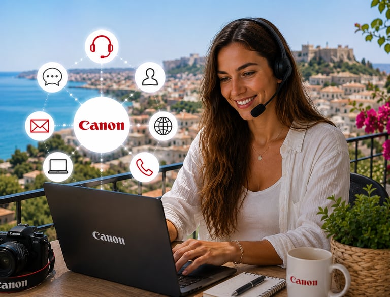 A smiling remote worker using a Canon laptop and headset for customer support with a scenic ocean view.