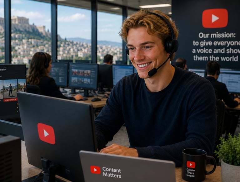 A smiling YouTube content moderator wearing a headset reviews flagged videos at a modern office desk.