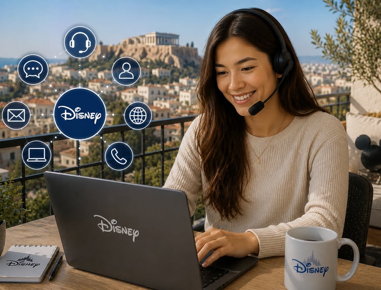 A smiling Disney customer service agent with a headset working on a laptop with a view of the Acropolis.