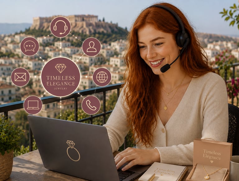 Smiling woman wearing a headset uses a laptop for Timeless Elegance Jewelry customer support in Athens.