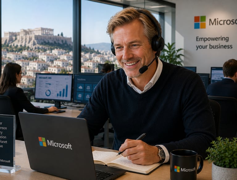 A Microsoft professional wearing a headset works at his laptop in an office overlooking the Acropolis in Athens.