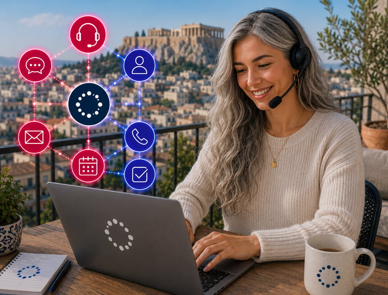 A smiling remote worker with a headset using a laptop in Athens, featuring omnichannel support icons.