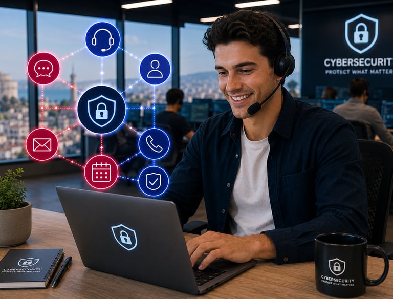 A smiling male specialist wearing a headset while working on a secure laptop in a cybersecurity operations center.