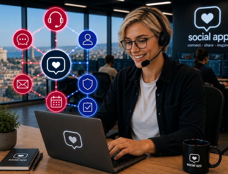 Customer support agent for a social app wearing a headset and working at a laptop with digital network icons.