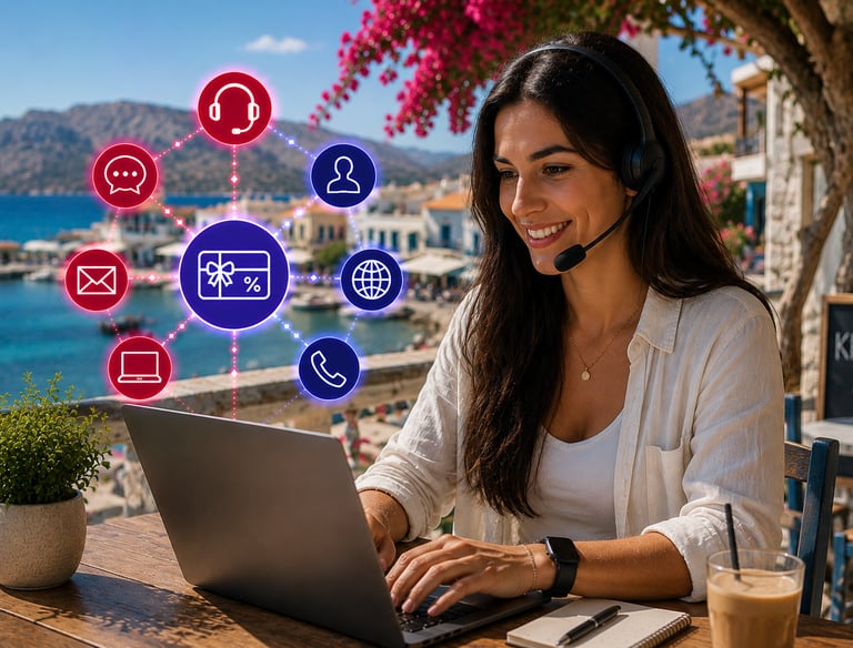 Smiling woman with headset using a laptop for remote customer service and digital marketing.