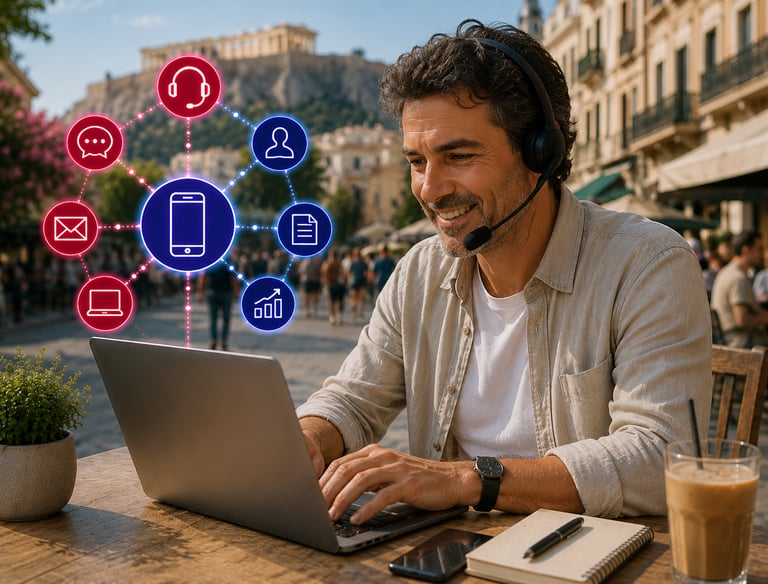 A smiling remote worker with a headset using a laptop at a cafe with digital communication icons.