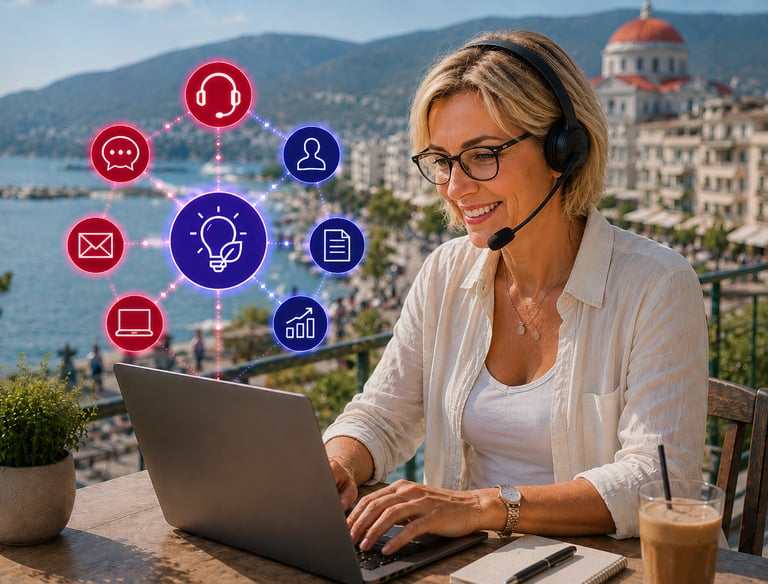 A smiling remote worker with a headset using a laptop outdoors with digital business icons.