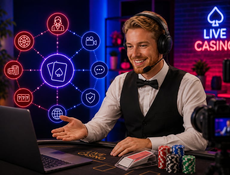 Smiling live casino dealer with headset hosting online poker and gambling games via laptop.