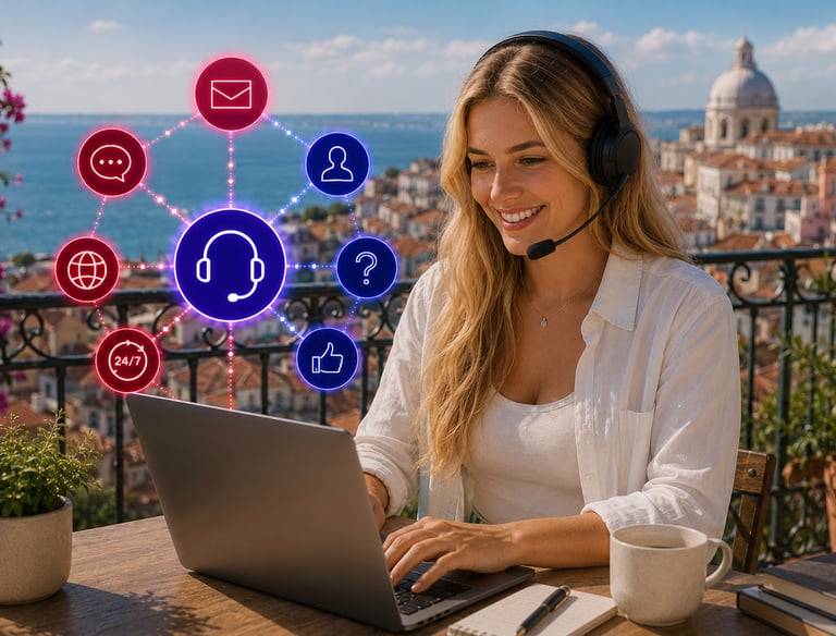 A smiling customer support representative with a headset using a laptop on a balcony with digital icons.