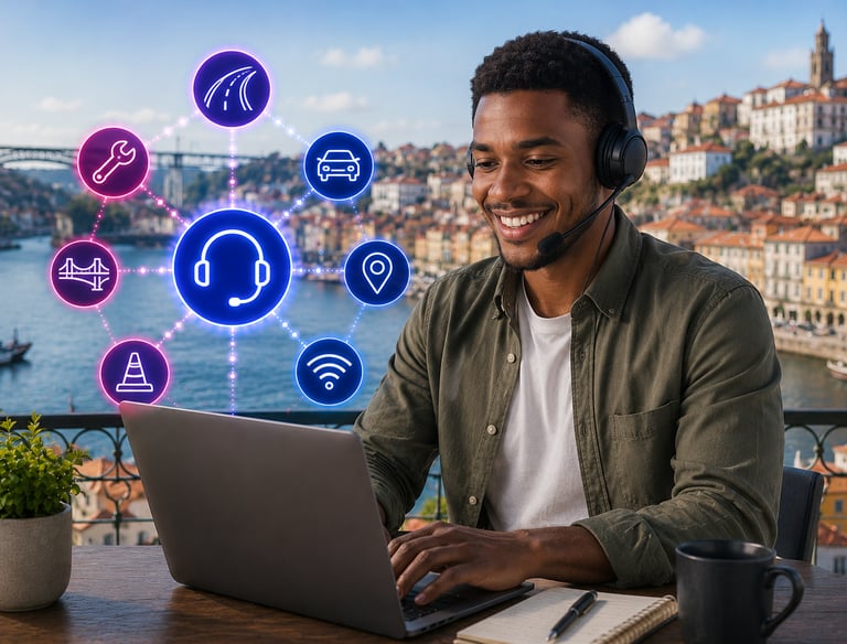 A smiling travel support agent with a headset using a laptop with digital travel and road icons overhead.