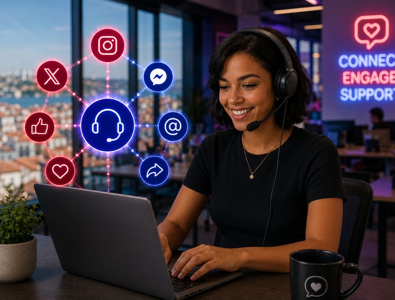 A smiling customer service agent uses a laptop and headset with glowing social media icons.