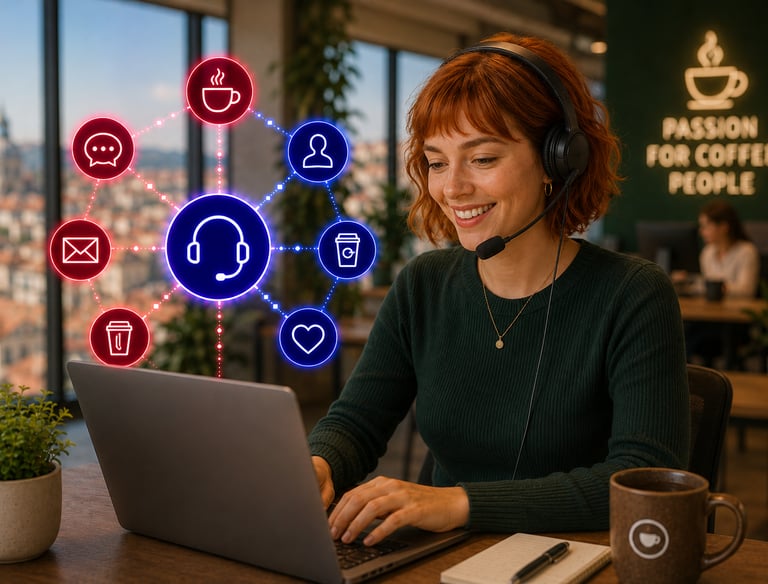 A remote customer support agent wearing a headset working on a laptop in a modern coffee shop.