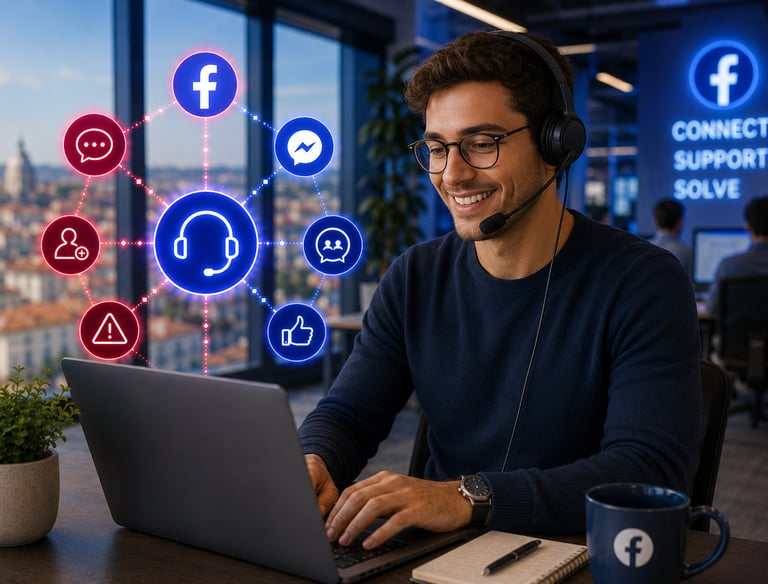 A smiling male customer support agent using a headset and laptop for social media management.
