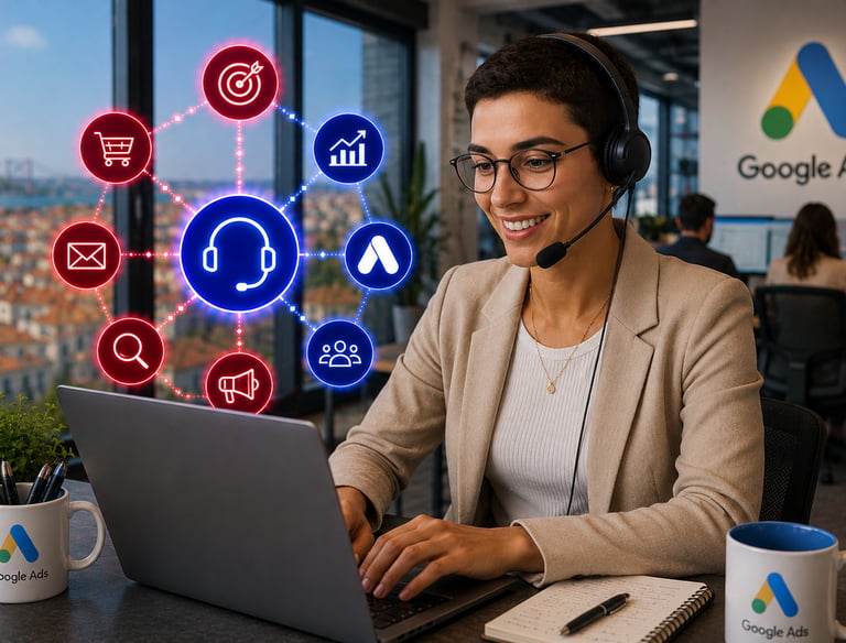 A Google Ads specialist wearing a headset provides digital marketing support and campaign optimization.