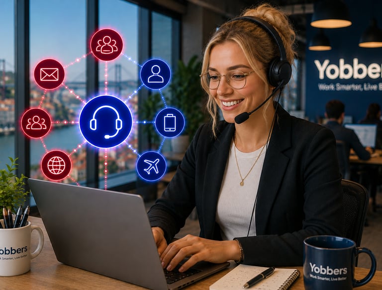 Smiling woman wearing a headset working on a laptop with neon communication icons overlay.