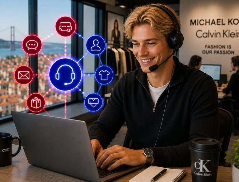 A male customer service agent with a headset using a laptop for multi-channel fashion support.