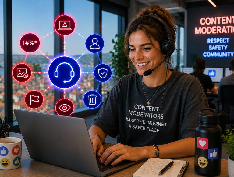 A smiling content moderator wearing a headset works on a laptop with neon digital safety icons.