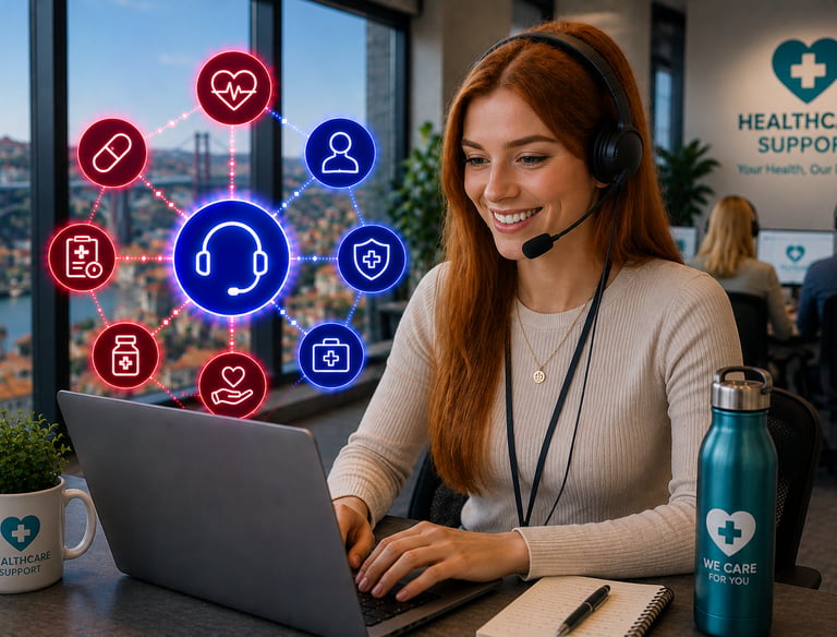 A smiling female healthcare support representative wearing a headset at her laptop with digital medical icons.