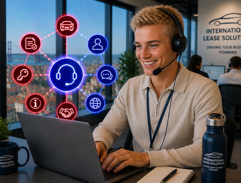 A smiling customer support agent with a headset providing international car lease solutions via laptop.