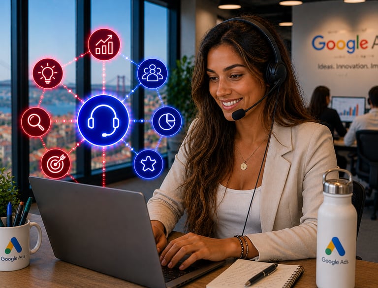 A Google Ads specialist wearing a headset manages digital marketing campaigns on a laptop.