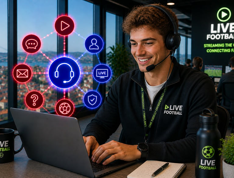 A smiling male customer support agent for a live football streaming service wearing a headset and using a laptop.